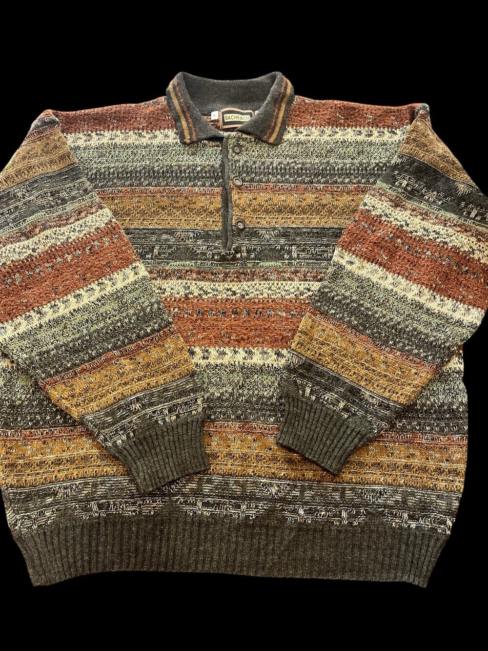 Vtg Bachrach Sweater-Polo-3/Button-Men Sz L-Brown striped-Wool Bl-1109